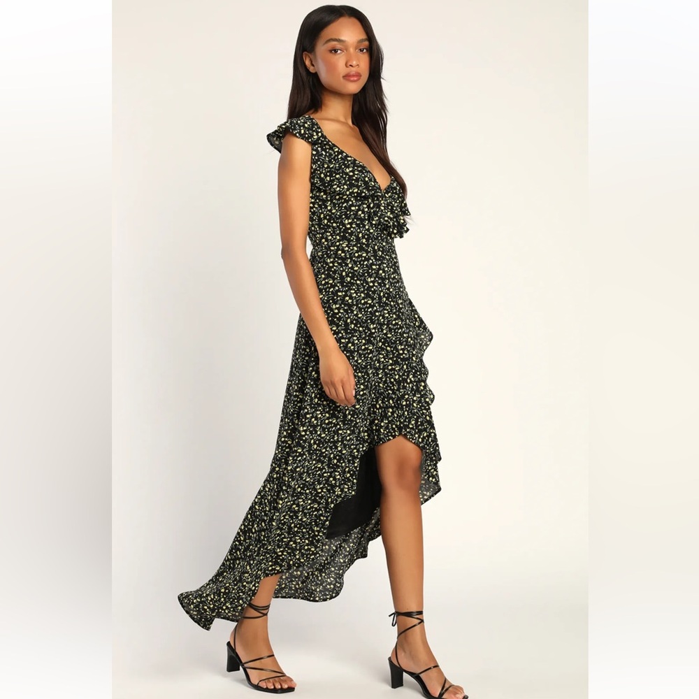 Lulus 500 Days of Love Black Floral Print Ruffled Wrap High Low Dress Size Small